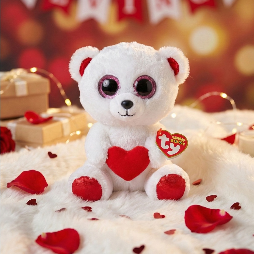 Ty Beanie Boos "Cuddly Bear" White Plush with Red Heart - 6" - Birthday: May 7